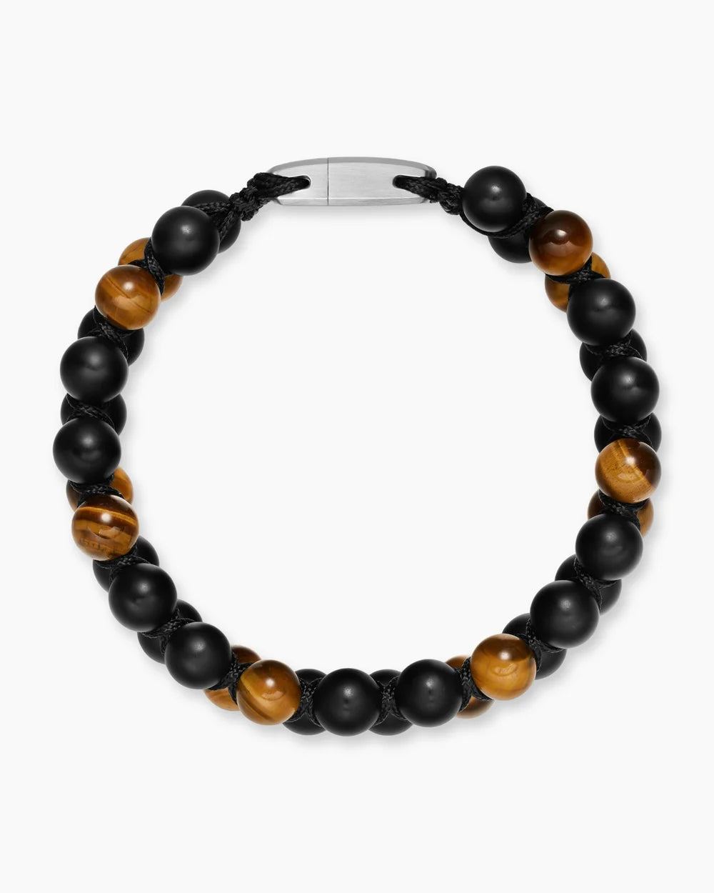SPIRITUAL BEADS TWO ROW WOVEN BRACELET Black Onyx, Tiger's Eye, Black Nylon and Sterling Silver, 8mm