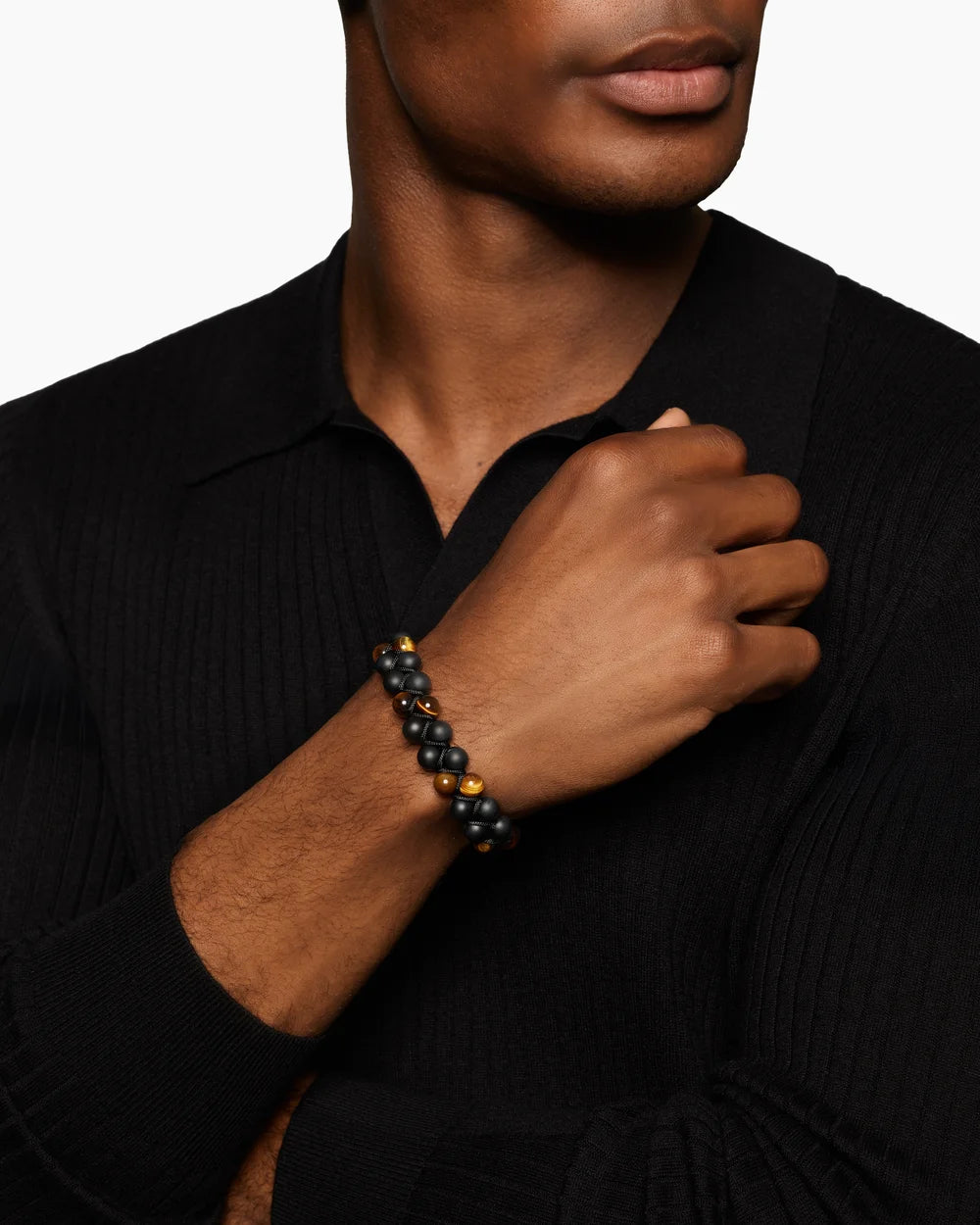 SPIRITUAL BEADS TWO ROW WOVEN BRACELET Black Onyx, Tiger's Eye, Black Nylon and Sterling Silver, 8mm