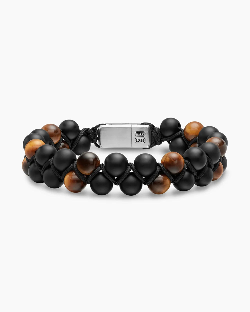 SPIRITUAL BEADS TWO ROW WOVEN BRACELET Black Onyx, Tiger's Eye, Black Nylon and Sterling Silver, 8mm
