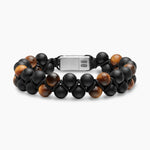 SPIRITUAL BEADS TWO ROW WOVEN BRACELET Black Onyx, Tiger's Eye, Black Nylon and Sterling Silver, 8mm