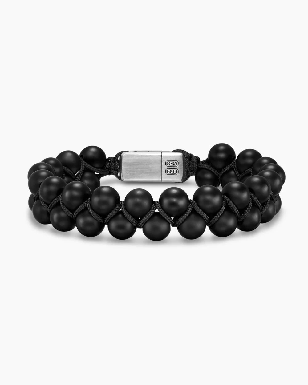SPIRITUAL BEADS TWO ROW WOVEN BRACELET Black Onyx, Black Nylon and Sterling Silver, 8mm