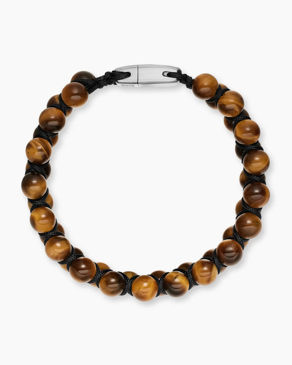 SPIRITUAL BEADS TWO ROW WOVEN BRACELET Tiger's Eye, Black Nylon and Sterling Silver, 8mm