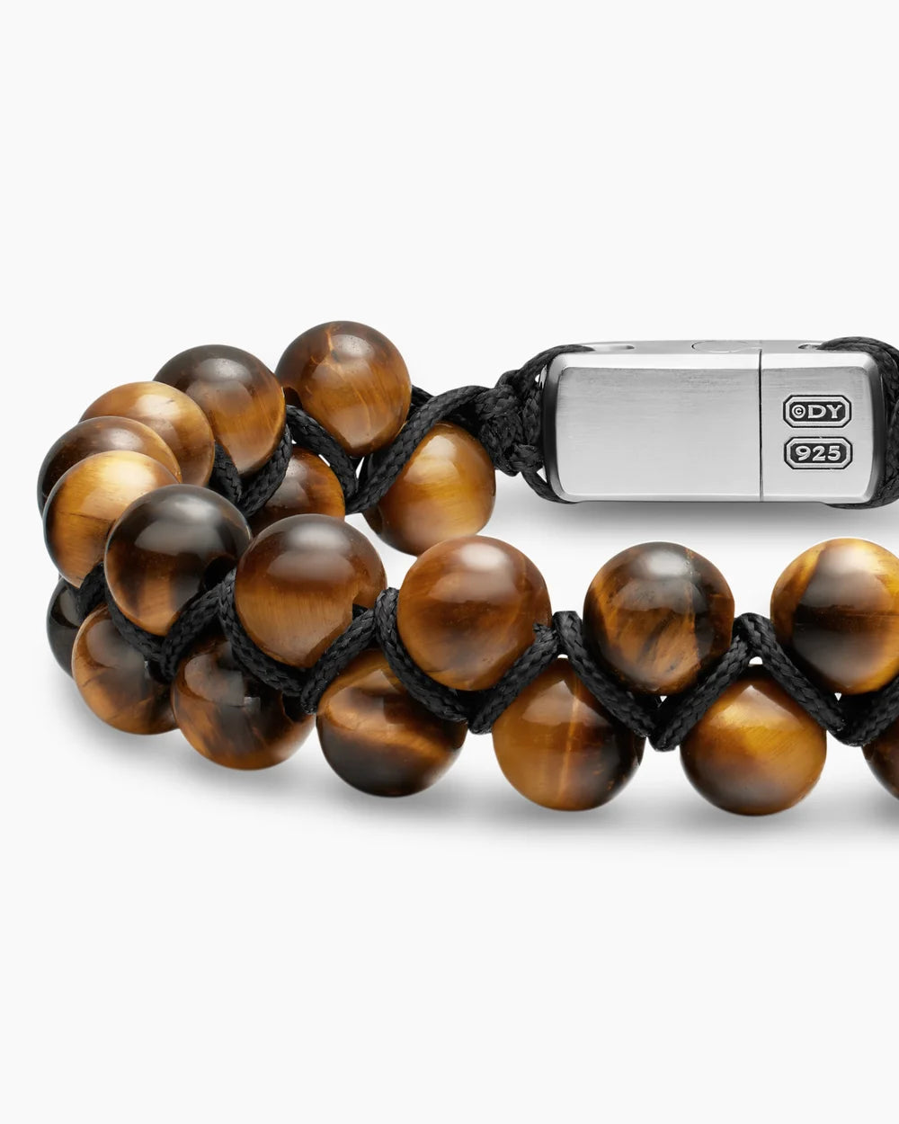 SPIRITUAL BEADS TWO ROW WOVEN BRACELET Tiger's Eye, Black Nylon and Sterling Silver, 8mm