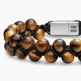 SPIRITUAL BEADS TWO ROW WOVEN BRACELET Tiger's Eye, Black Nylon and Sterling Silver, 8mm