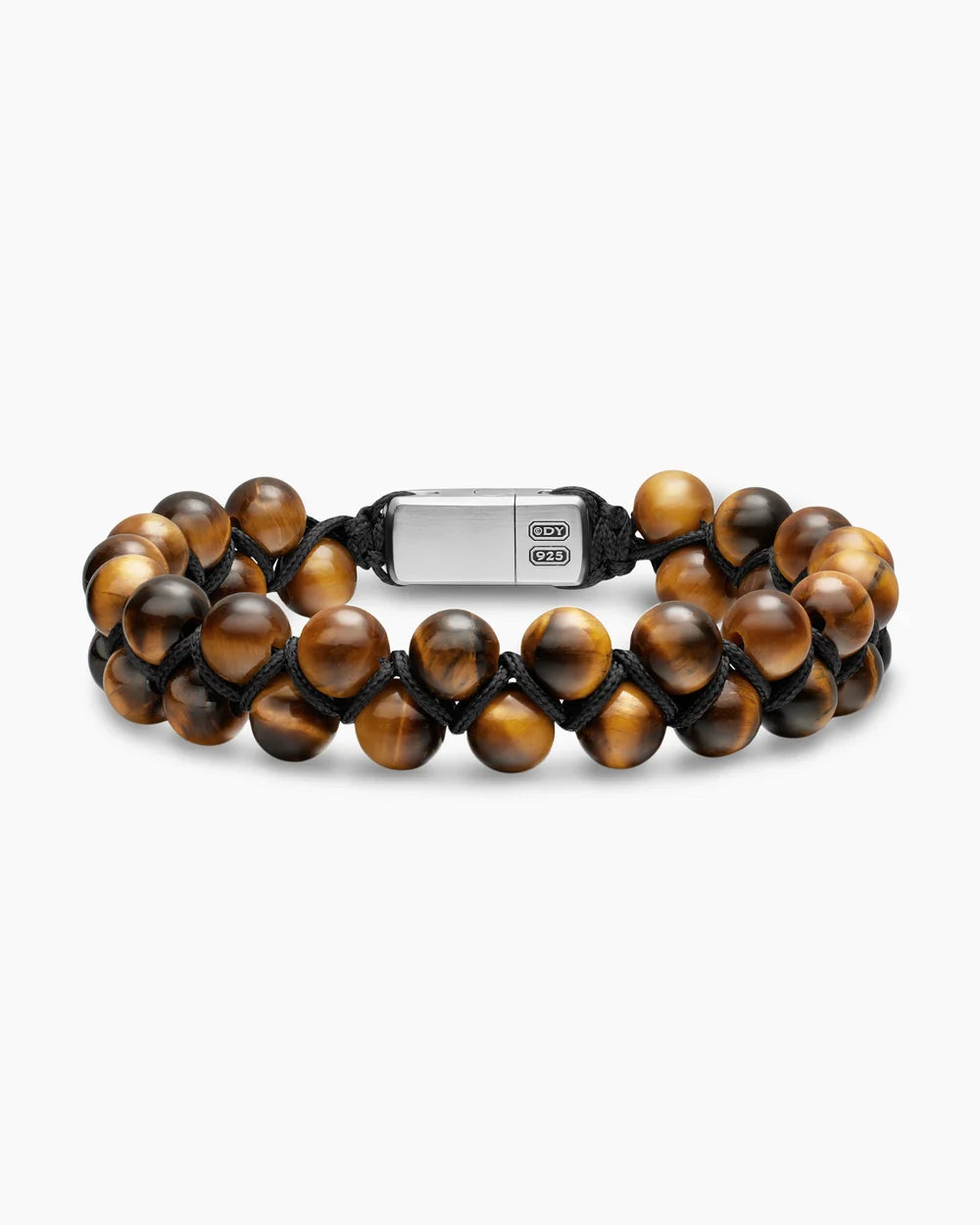 SPIRITUAL BEADS TWO ROW WOVEN BRACELET Tiger's Eye, Black Nylon and Sterling Silver, 8mm