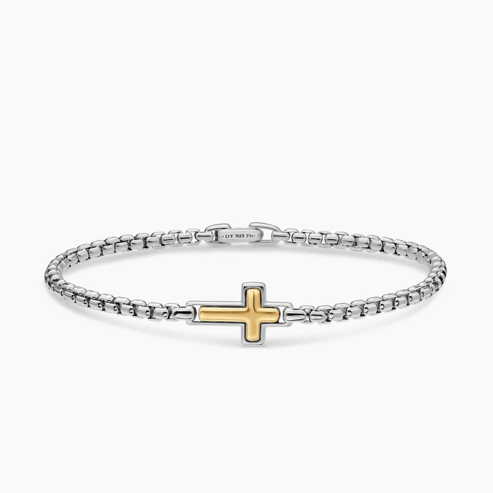 CROSS STATION BRACELET Sterling Silver with 14K Yellow Gold, 3.6mm