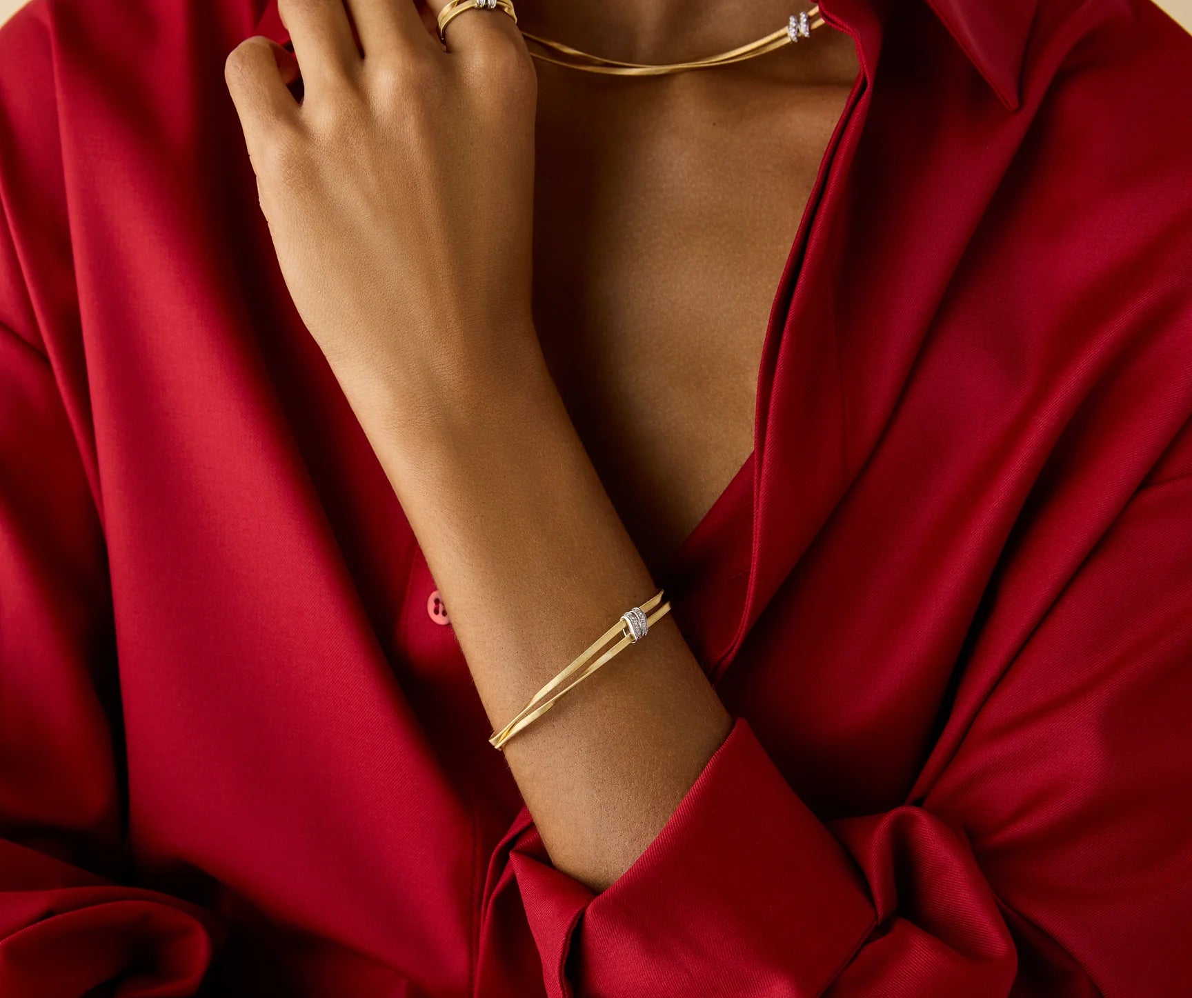 Marrakech 18K Yellow Gold Two Strand Coil Bracelet with Diamond Stations, 7"