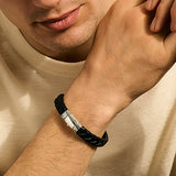 Black Leather Bracelet, Sterling Silver