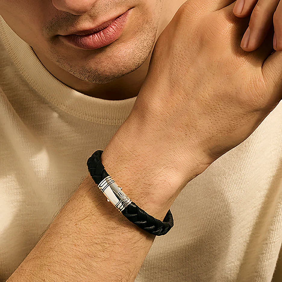 Black Leather Bracelet, Sterling Silver