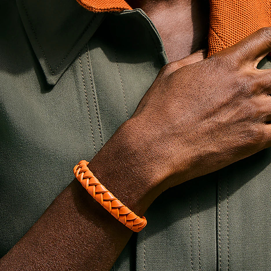 Orange Leather Bracelet, Sterling Silver