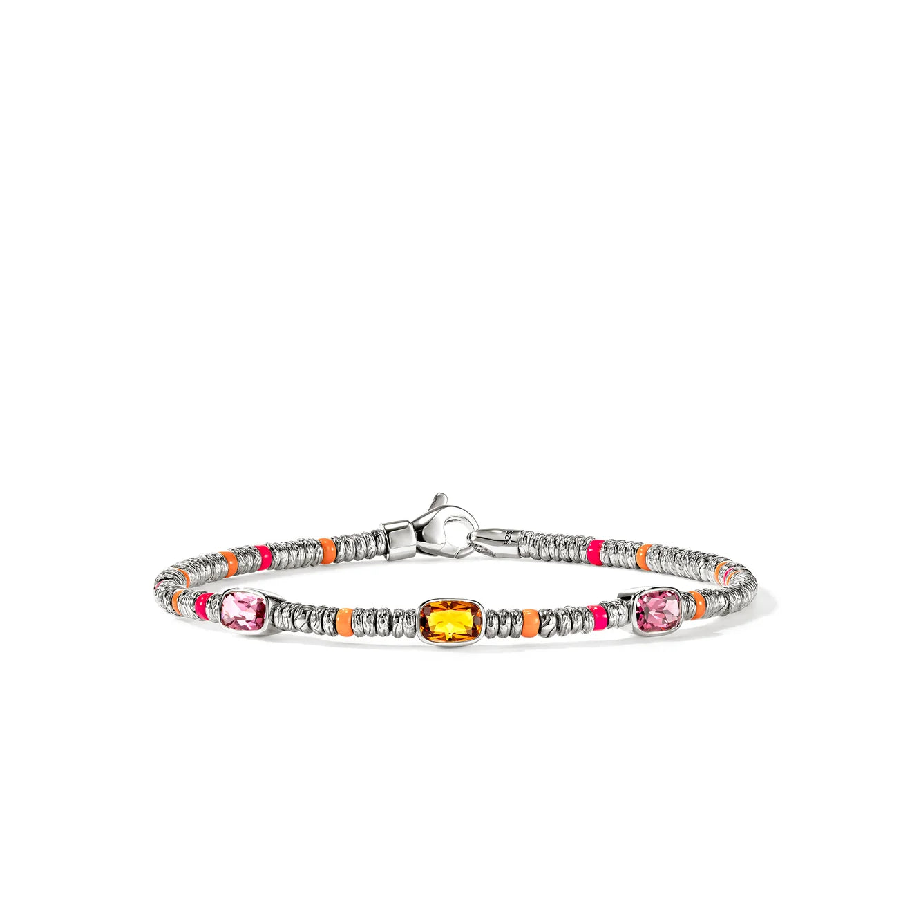 Heishi Gem Bracelet, Sterling Silver, Orange Citrine, Rhodolite, Pink Tourmaline, 2.5MM