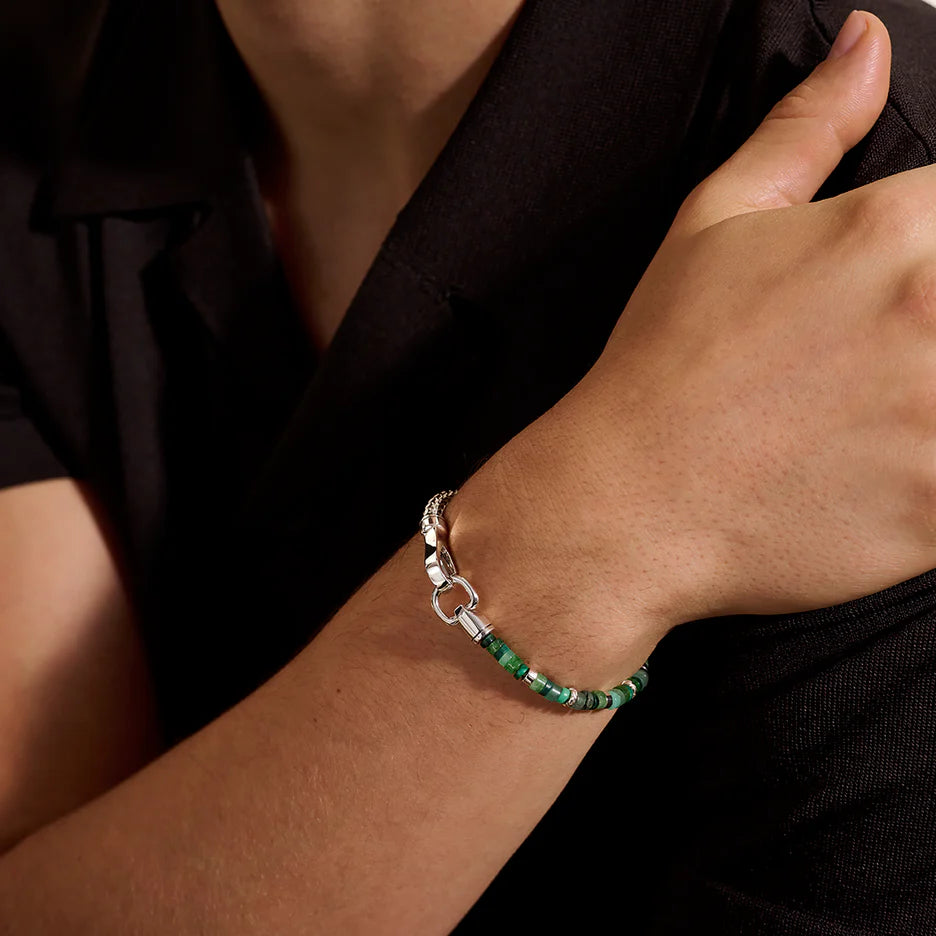 Heishi Chain Bracelet, Sterling Silver, Hardstones, Emeralds
