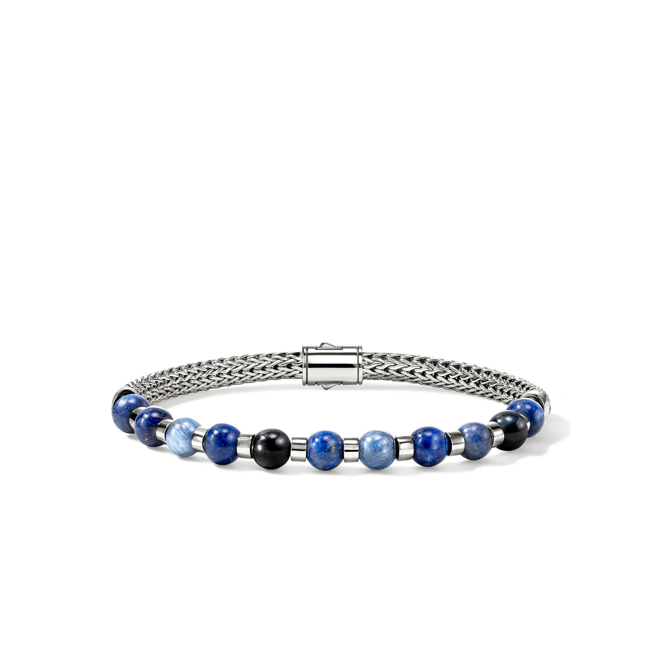 Sterling Silver Beaded Chain Bracelet with Kyanite, Lapis Lazuli, Blue Tiger Eye and Sodalite