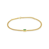 14K Gold Small Hollow Curb Chain Bracelet with Bezel-Set Emerald