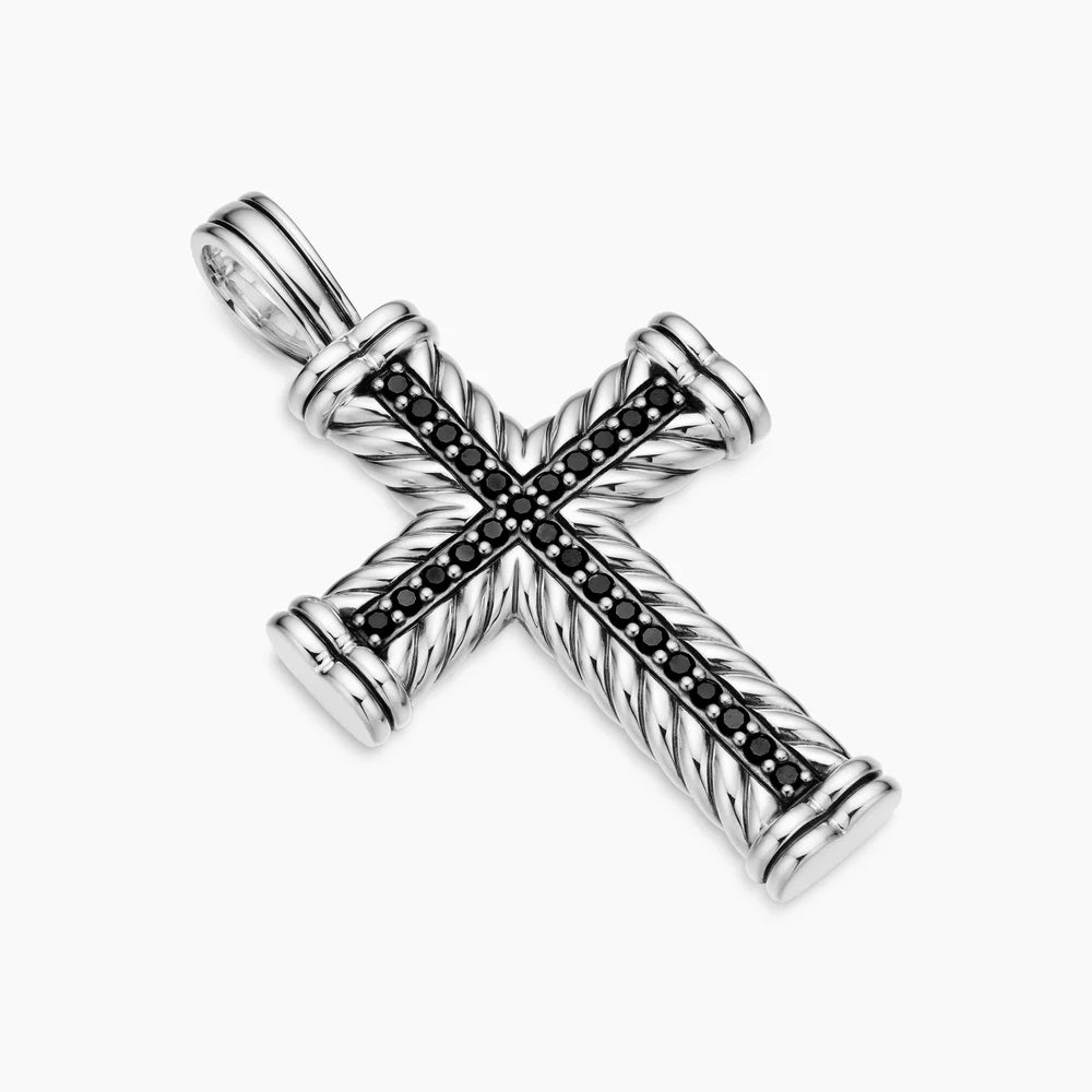 CHEVRON CROSS PENDANT Sterling Silver with Black Diamonds, 41.5mm