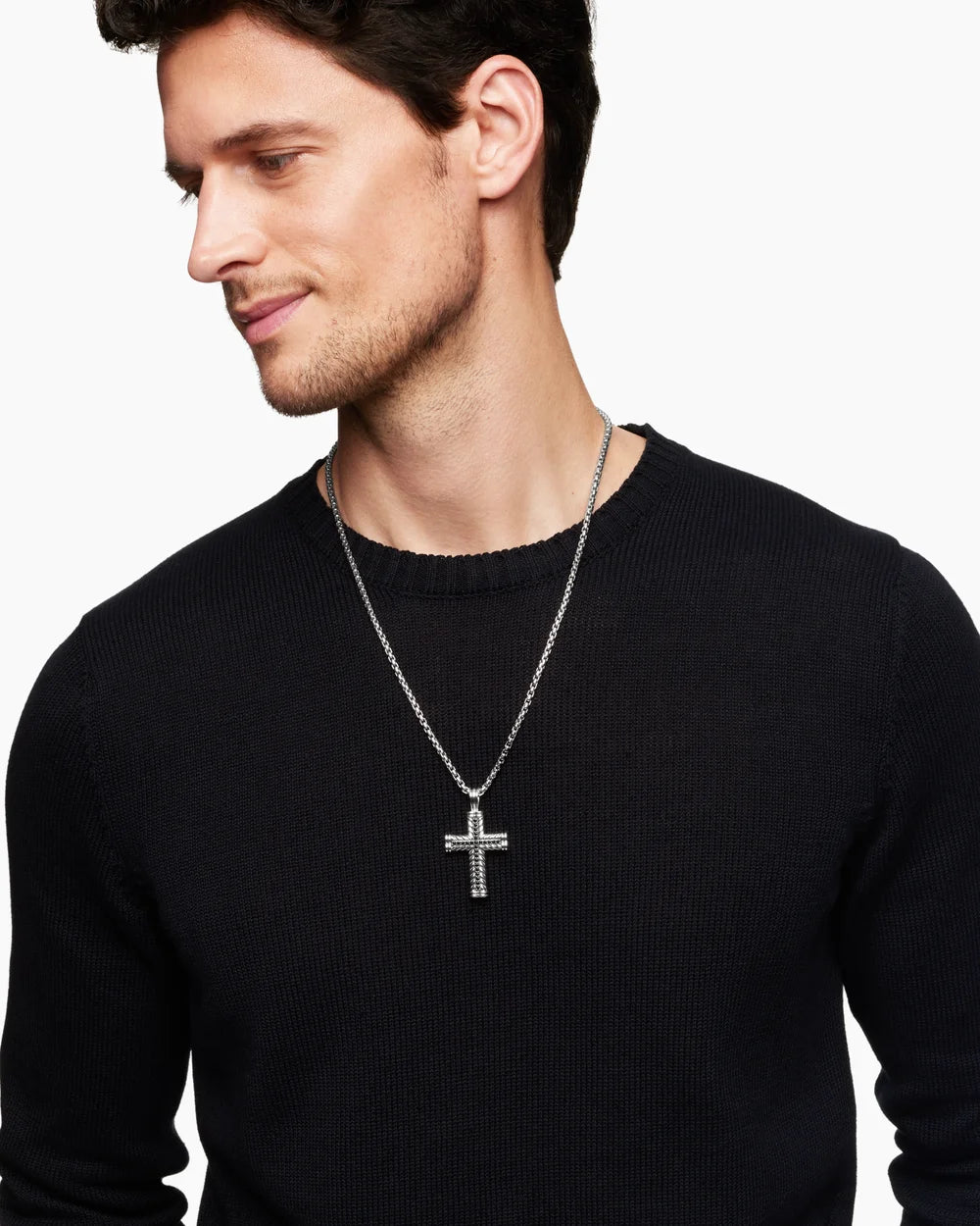 CHEVRON CROSS PENDANT Sterling Silver with Black Diamonds, 41.5mm