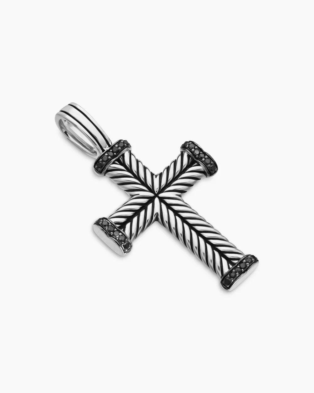 Chevron Cross Pendant in Sterling Silver with Black Diamonds, 33.5mm