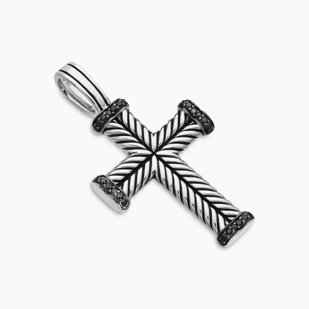 Chevron Cross Pendant Sterling Silver with Black Diamonds, 33mm