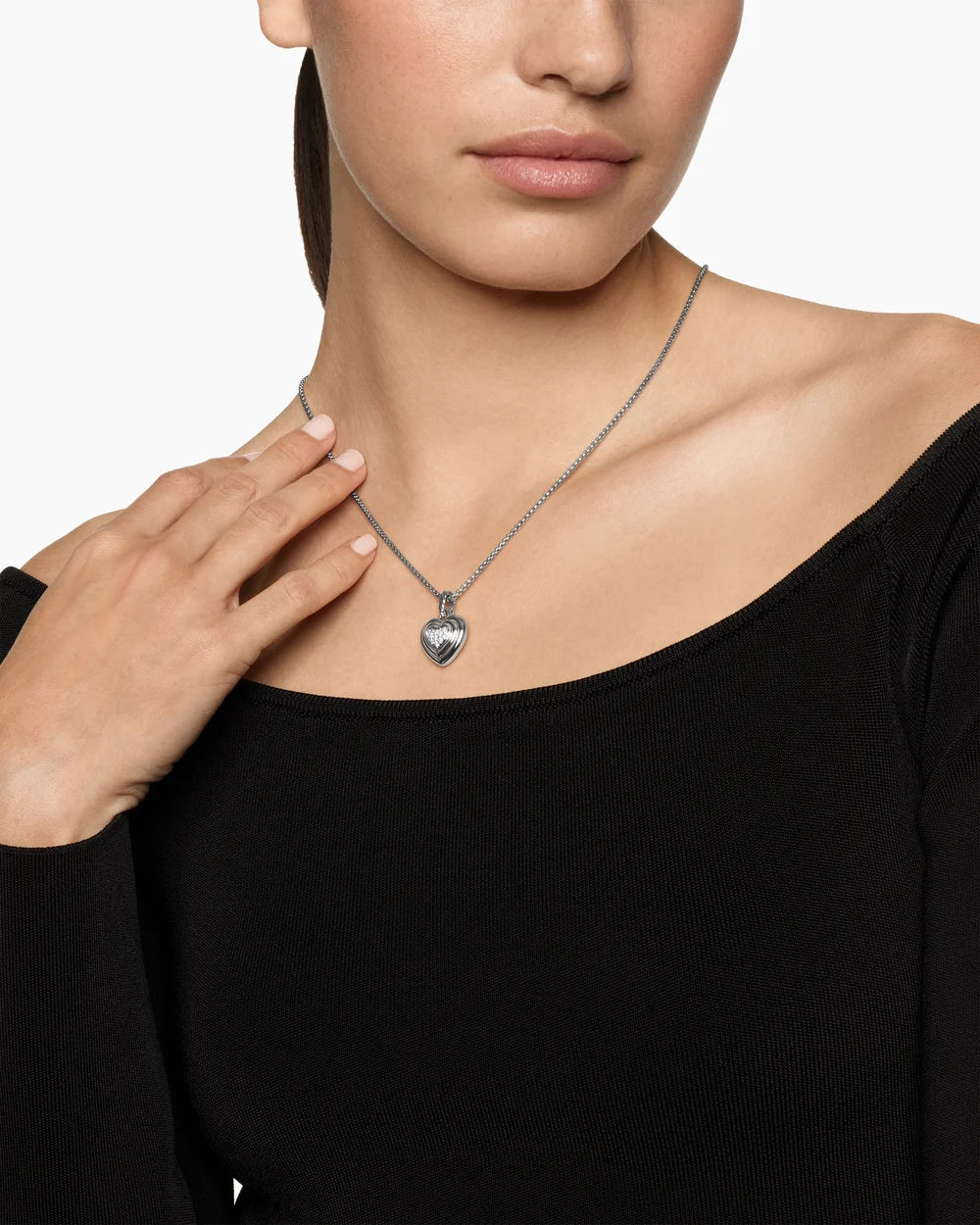 Puffy Heart Amulet Sterling Silver with Diamonds, 17mm