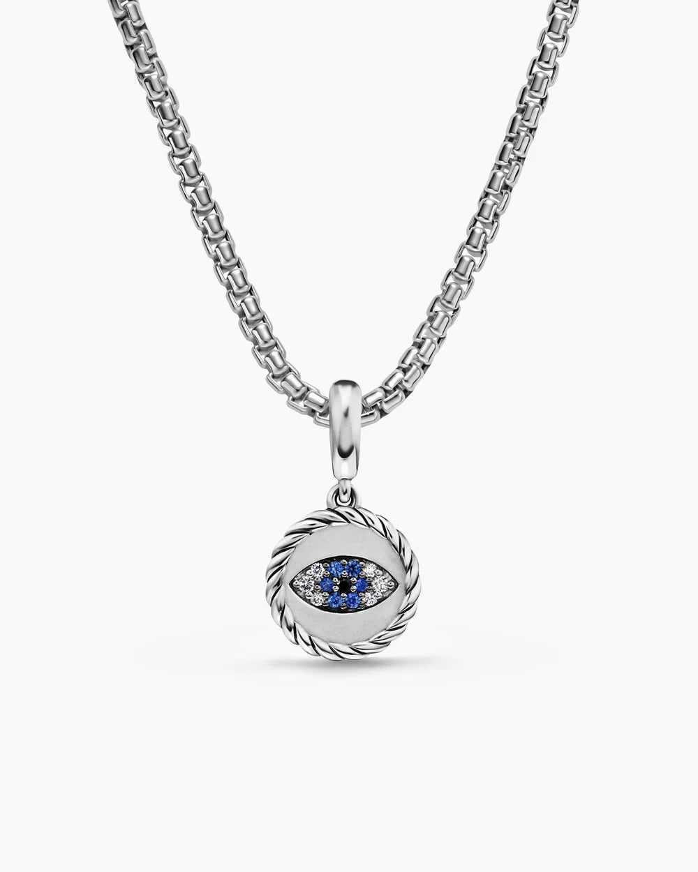EVIL EYE AMULET Sterling Silver with Pavé Blue Sapphires and Diamonds, 12.6mm