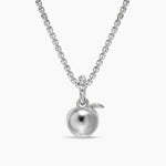 Back side of Silver necklace with an apple charm  on a white background