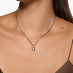 Silver necklace with an apple charm  on a woman's neck. 