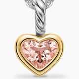 Heart-shaped pendant with pink gemstone and gold and silver border on a white background