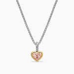 Heart-shaped pendant with pink gemstone on a chain against a white background