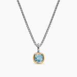MINI CUSHION CUT AMULET Sterling Silver with 14K Yellow Gold  boarder and Sky Blue Topaz gemstone in the center on a silver box chain. 