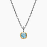 MINI CUSHION CUT AMULET Sterling Silver with 14K Yellow Gold  boarder and Sky Blue Topaz gemstone in the center on a silver box chain. 