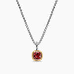 Amulet with red garnet gemstone and gold and silver accents on a white background on silver chain
