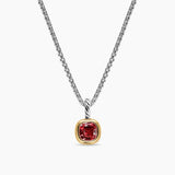 Amulet with red garnet gemstone and gold and silver accents on a white background on silver chain