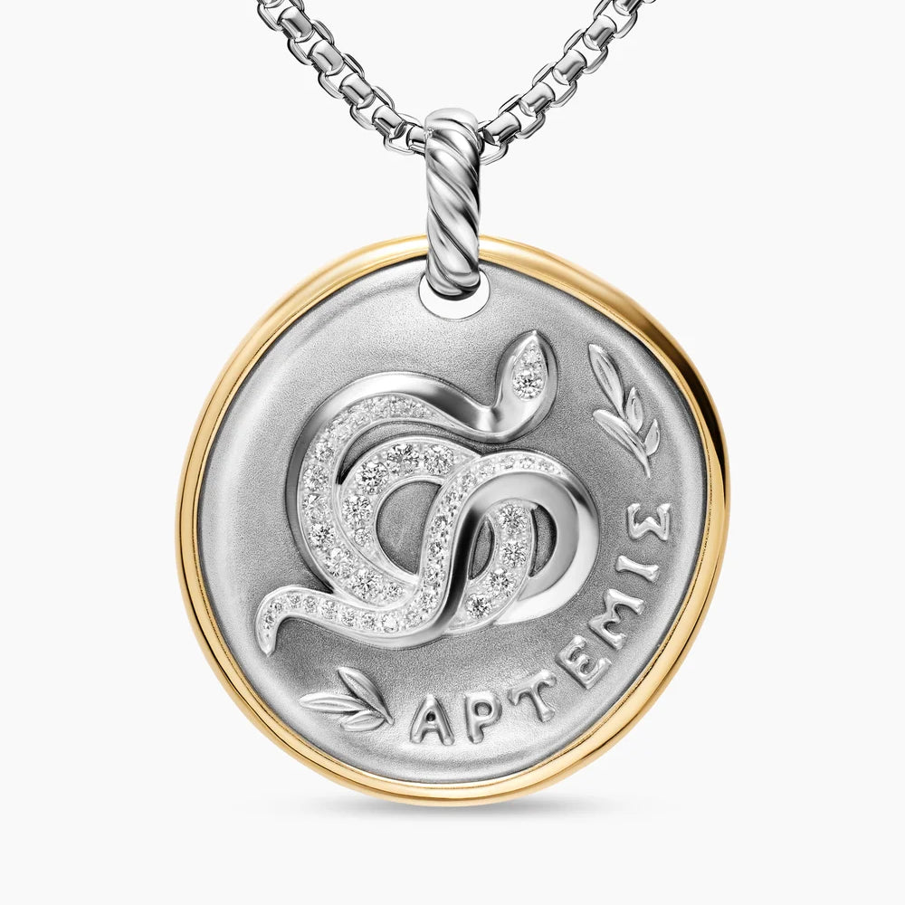 ARTEMIS MEDALLION AMULET Sterling Silver with 14K Yellow Gold and Diamonds, 29.5mm