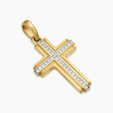 Deco Cross Pendant in 18K Yellow Gold with Diamonds, 34mm
