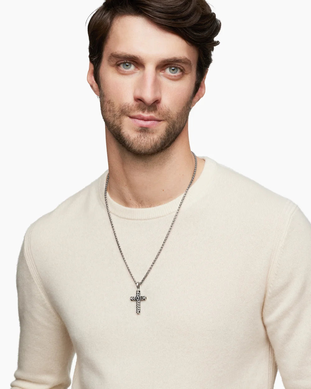 CHEVRON CROSS PENDANT Sterling Silver with Black Diamonds, 36mm