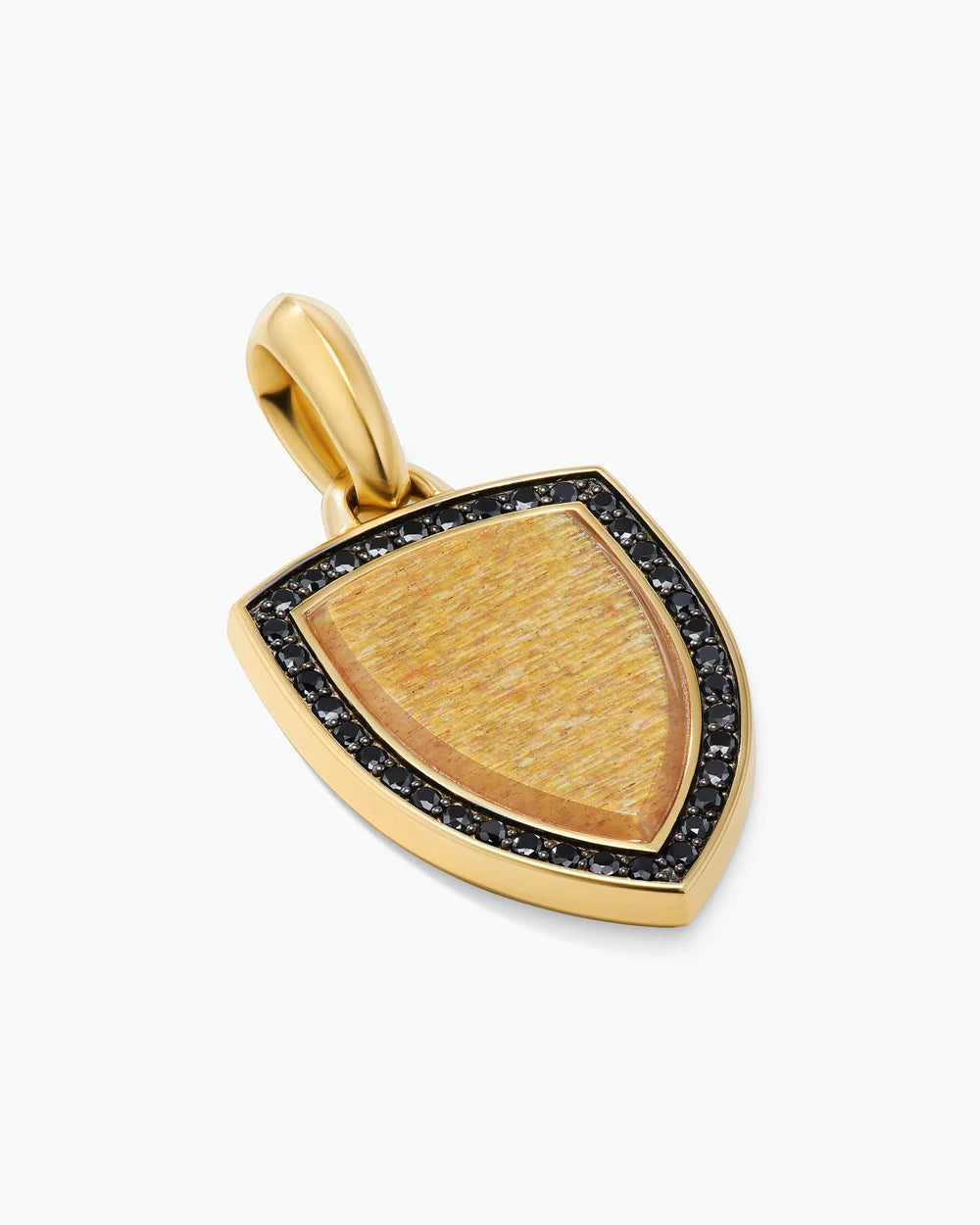 Shield Amulet 18K Yellow Gold with Golden Sun Stone and Black Diamonds, 27mm