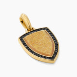 Shield Amulet 18K Yellow Gold with Golden Sun Stone and Black Diamonds, 27mm
