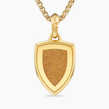 Shield Amulet 18K Yellow Gold with Golden Sun Stone and Black Diamonds, 27mm