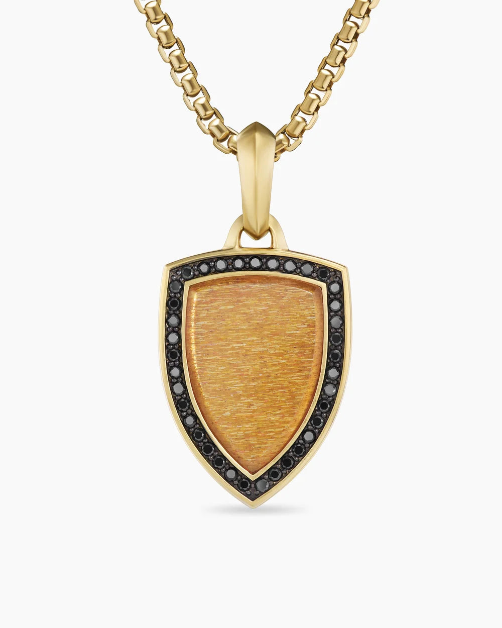 Shield Amulet 18K Yellow Gold with Golden Sun Stone and Black Diamonds, 27mm