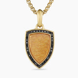 Shield Amulet 18K Yellow Gold with Golden Sun Stone and Black Diamonds, 27mm