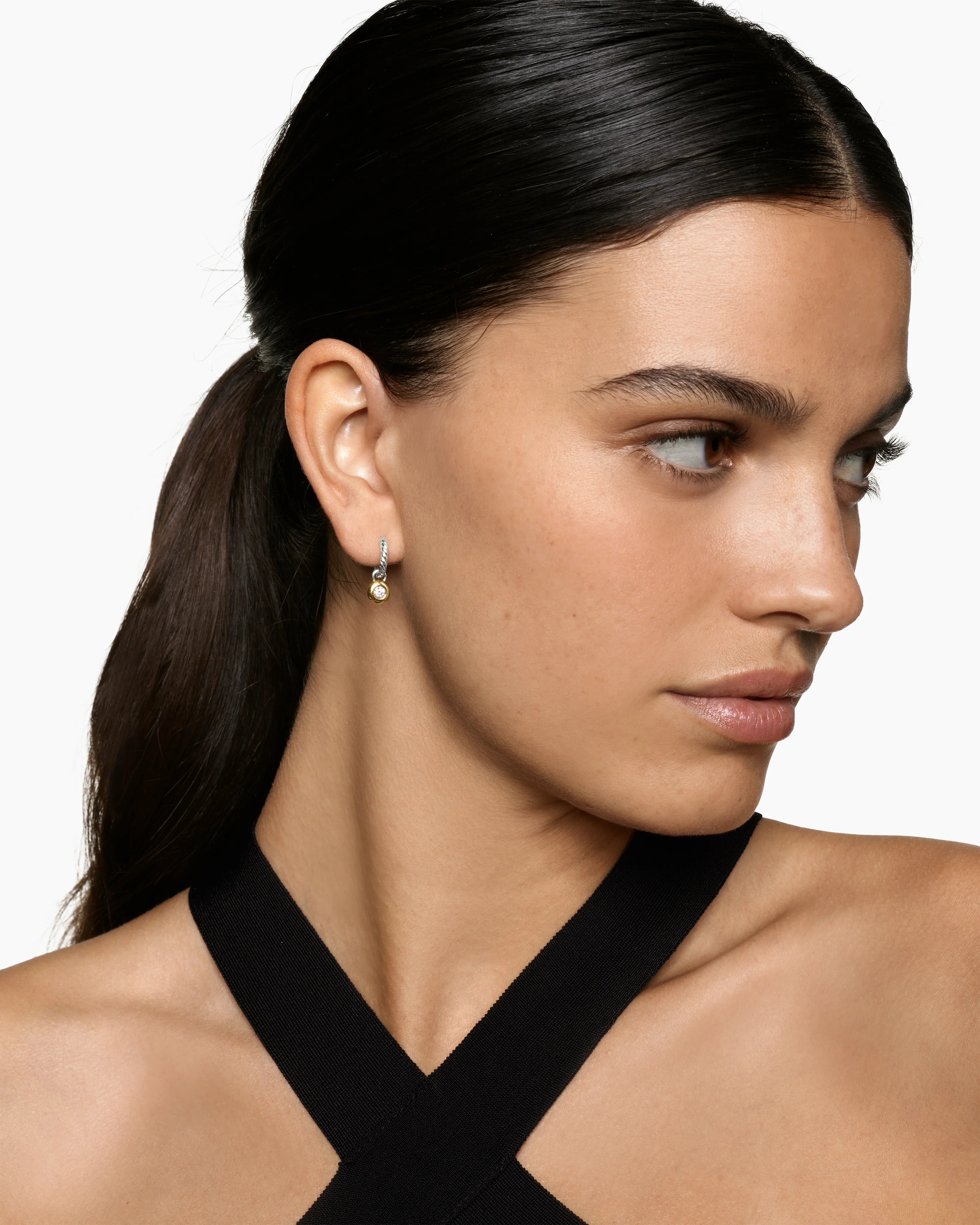 Petite Cable Huggie Drop Earrings Sterling Silver with 14K Yellow Gold and Diamonds, 17.5mm