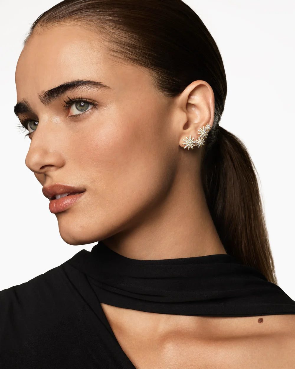 Starburst Full Pavé Climber Earrings 18K Yellow Gold with Diamonds, 26.9mm
