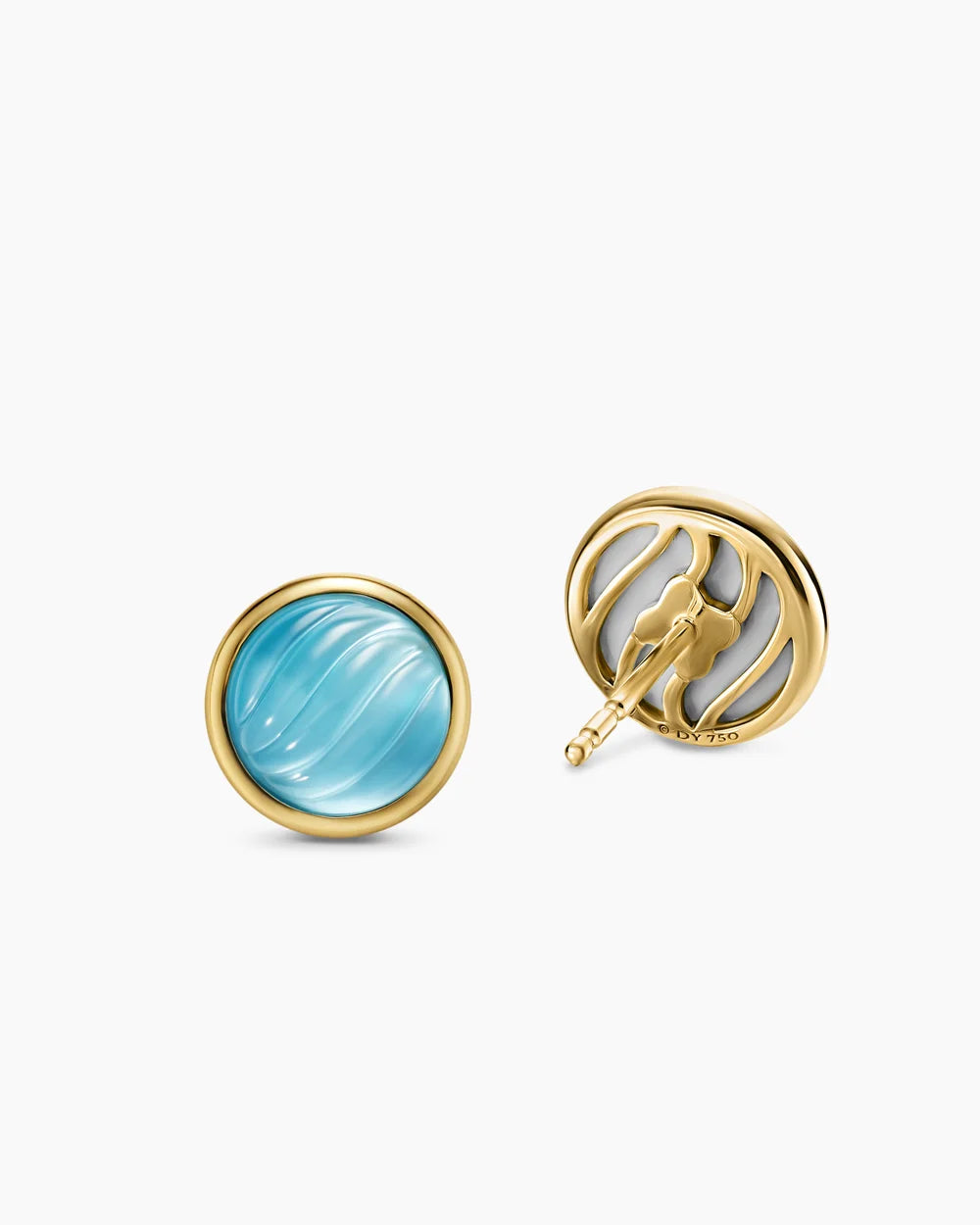 SCULPTED CABLE STUD EARRINGS 18K Yellow Gold with Blue Topaz and Mother of Pearl, 10.3mm