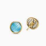 SCULPTED CABLE STUD EARRINGS 18K Yellow Gold with Blue Topaz and Mother of Pearl, 10.3mm