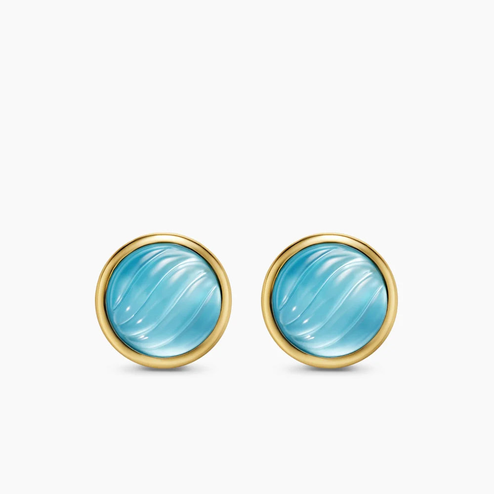 SCULPTED CABLE STUD EARRINGS 18K Yellow Gold with Blue Topaz and Mother of Pearl, 10.3mm