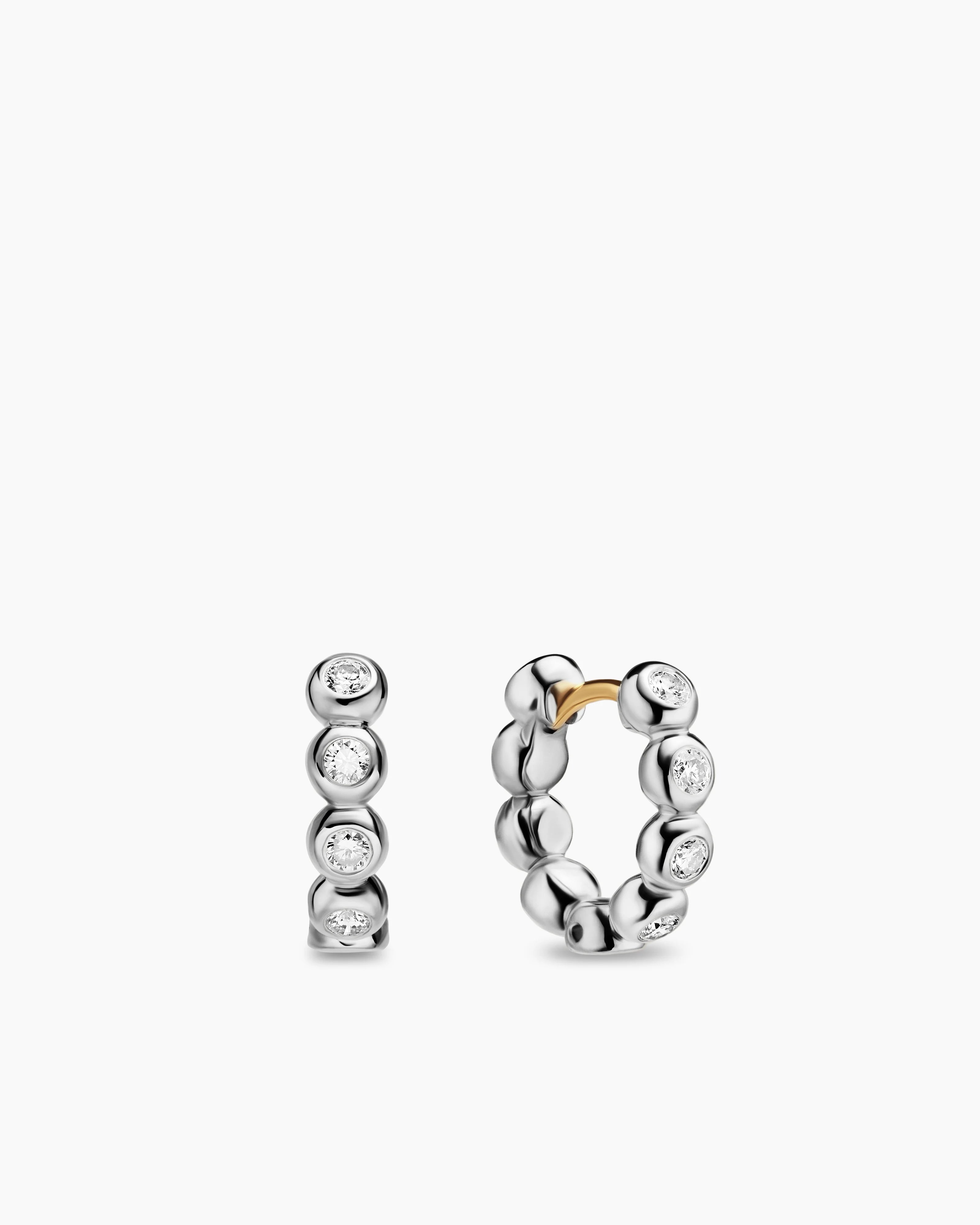 Bezel Set Hoop Earrings Sterling Silver with Diamonds, 13.4mm