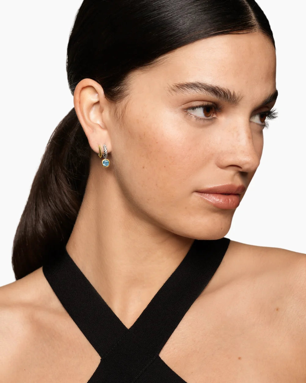 DY MERCER® COLOR TWO ROW DROP EARRINGS Sterling Silver with 18K Yellow Gold and Sky Blue Topaz, 19.5mm