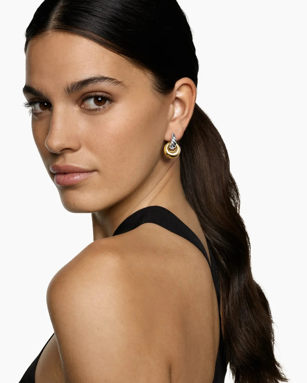 SCULPTED CABLE DROP EARRINGS Sterling Silver with 14K Yellow Gold, 23mm