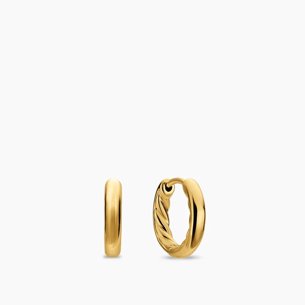 Yellow gold hoop huggie earrings with a smooth polished exterior and a cable texture on the inside of the hoop. 