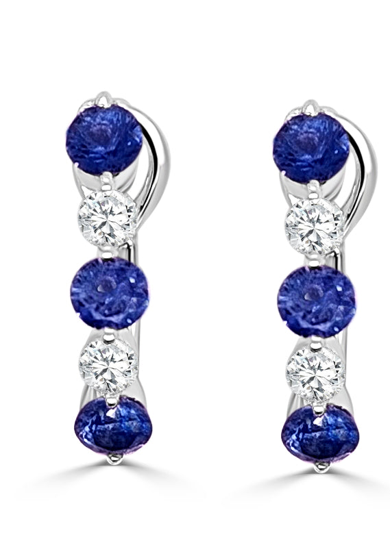 14K White Gold Mini Blue Sapphire and Diamond Huggie Earrings